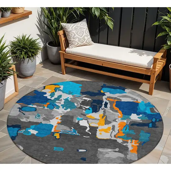 8' Charcoal Copper And Teal Blue Round Abstract Washable Indoor Outdoor Area Rug Photo 1