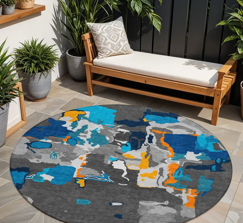 8' Charcoal Copper And Teal Blue Round Abstract Washable Indoor Outdoor Area Rug Photo 1
