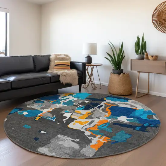 8' Charcoal Copper And Teal Blue Round Abstract Washable Indoor Outdoor Area Rug Photo 8