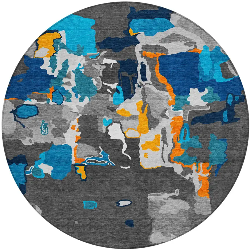 8' Charcoal Copper And Teal Blue Round Abstract Washable Indoor Outdoor Area Rug Photo 2