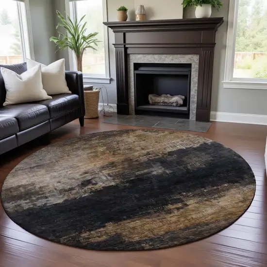 8' Charcoal Gold And Beige Abstract Washable Round Rug With UV Protection Photo 4