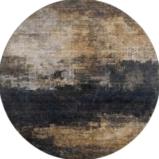 8' Charcoal Gold And Beige Abstract Washable Round Rug With UV Protection Photo 3