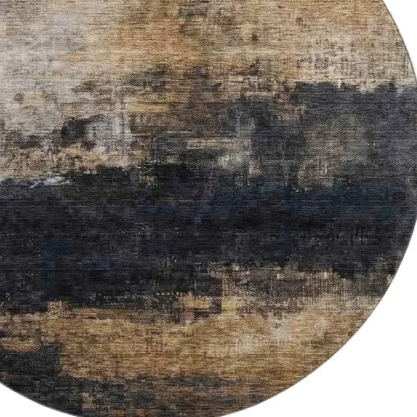 8' Charcoal Gold And Beige Abstract Washable Round Rug With UV Protection Photo 2