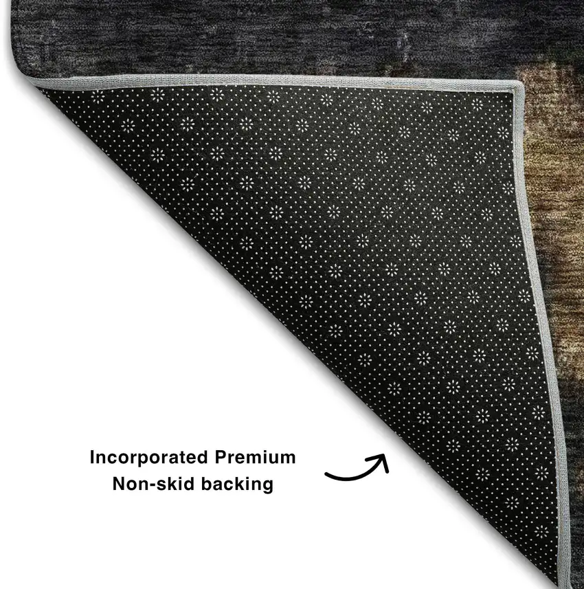 8' Charcoal Gold And Beige Abstract Washable Round Rug With UV Protection Photo 5