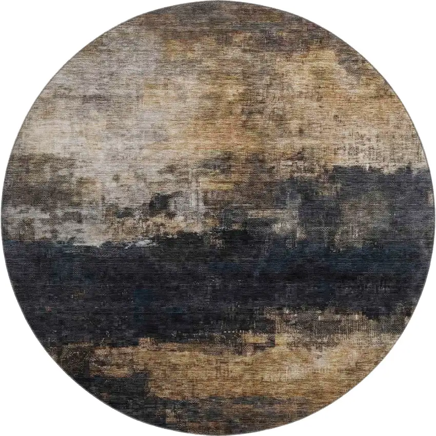 8' Charcoal Gold And Beige Abstract Washable Round Rug With UV Protection Photo 1