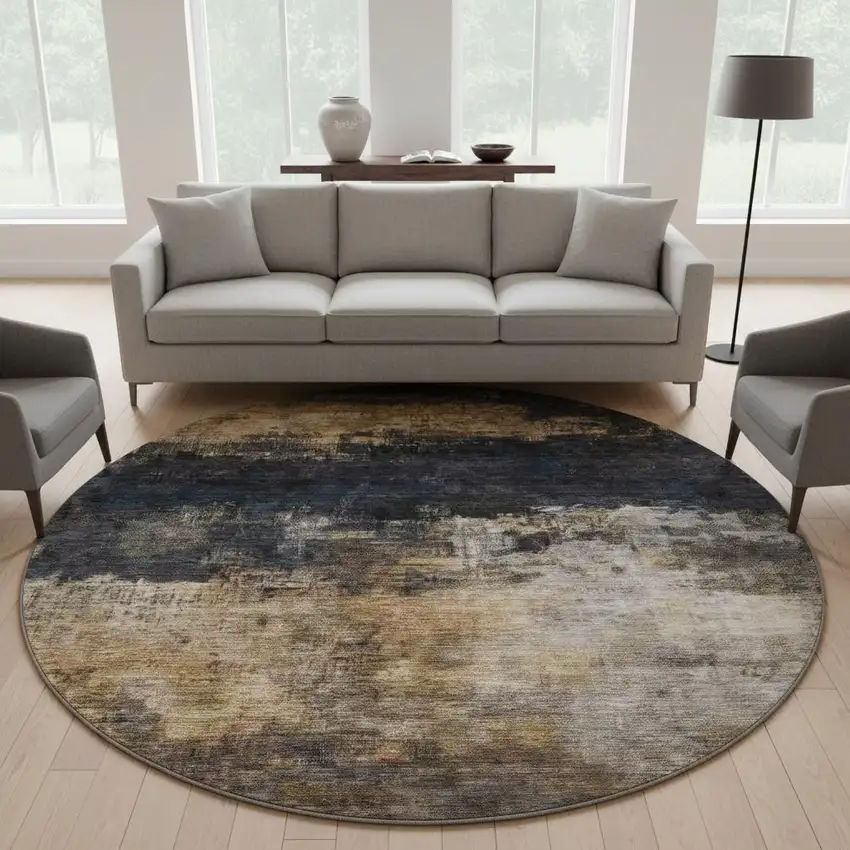 8' Charcoal Gold And Beige Abstract Washable Round Rug With UV Protection Photo 2