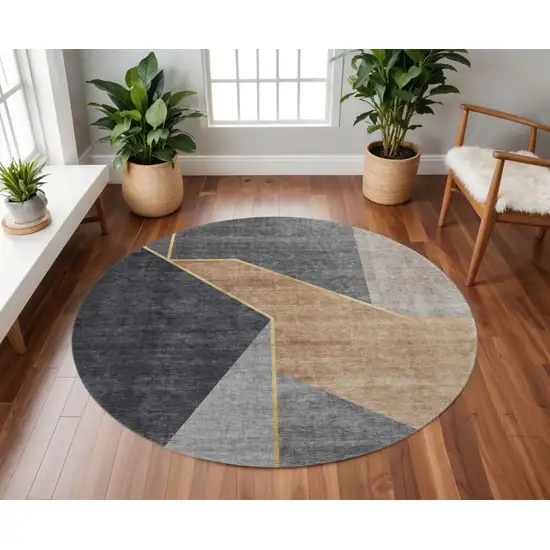 8' Charcoal Gold And Brown Geometric Washable Round Rug With UV Protection Photo 2
