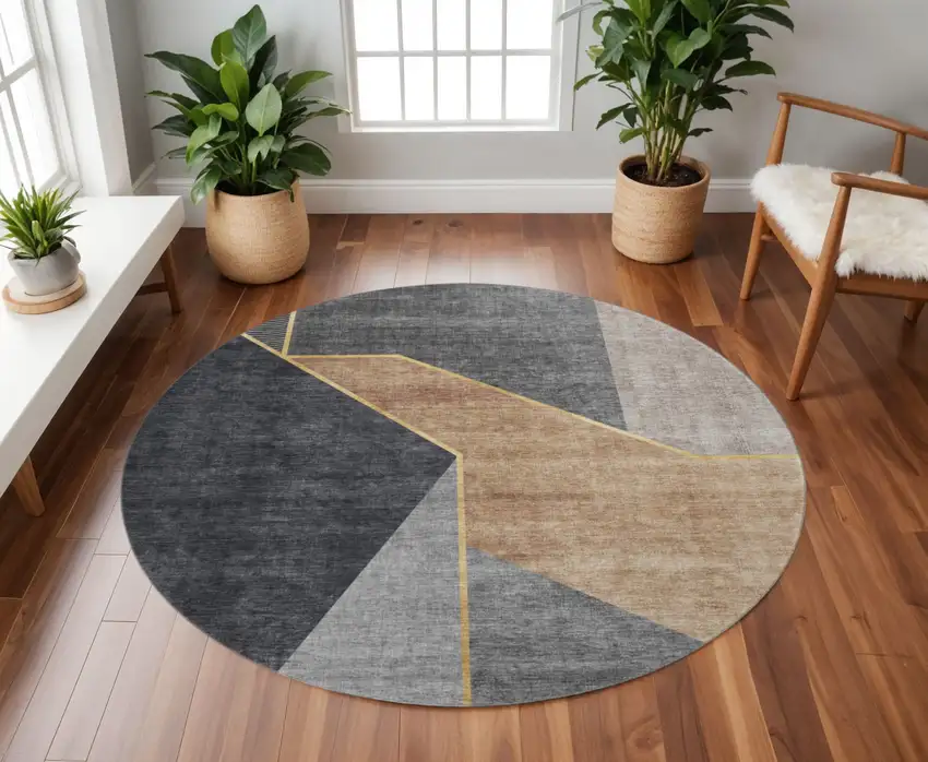 8' Charcoal Gold And Brown Geometric Washable Round Rug With UV Protection Photo 2