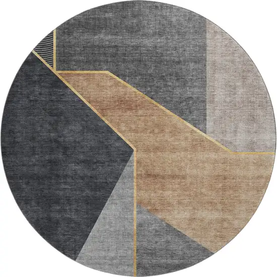8' Charcoal Gold And Brown Geometric Washable Round Rug With UV Protection Photo 1