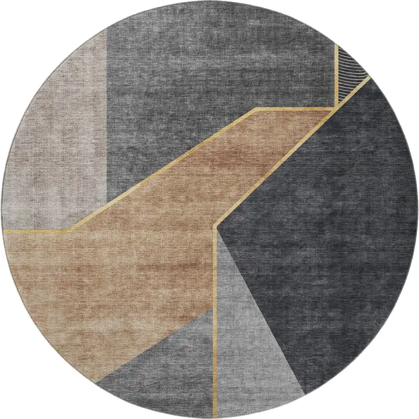 8' Charcoal Gold And Brown Geometric Washable Round Rug With UV Protection Photo 4