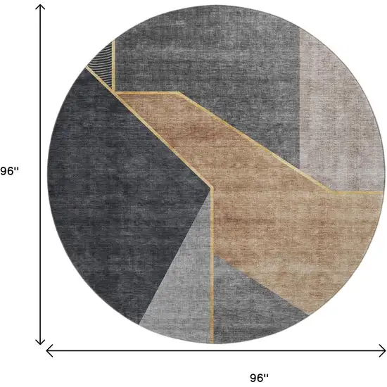 8' Charcoal Gold And Brown Geometric Washable Round Rug With UV Protection Photo 3