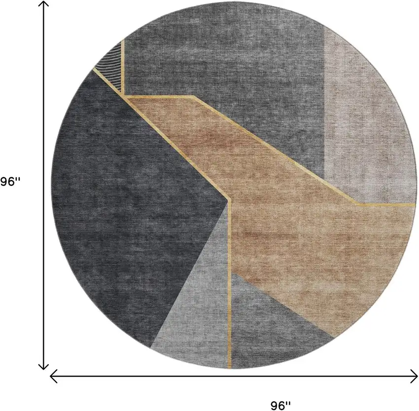 8' Charcoal Gold And Brown Geometric Washable Round Rug With UV Protection Photo 3