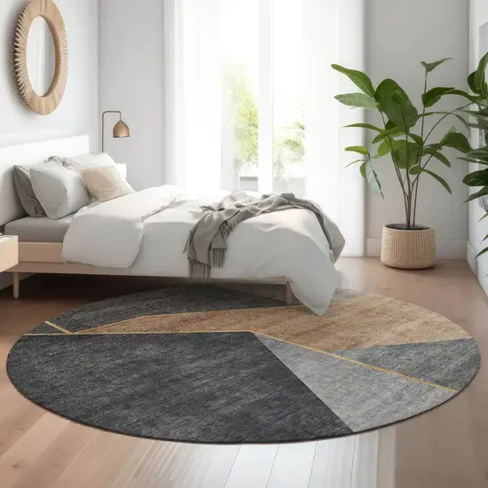 8' Charcoal Gold And Brown Geometric Washable Round Rug With UV Protection Photo 5
