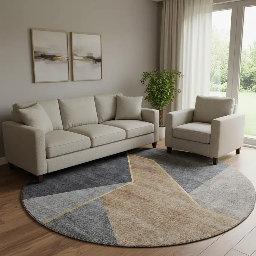 8' Charcoal Gold And Brown Geometric Washable Round Rug With UV Protection Photo 1