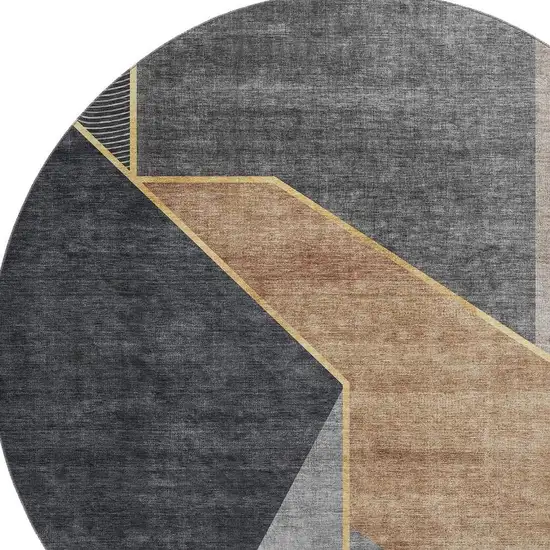 8' Charcoal Gold And Brown Geometric Washable Round Rug With UV Protection Photo 3