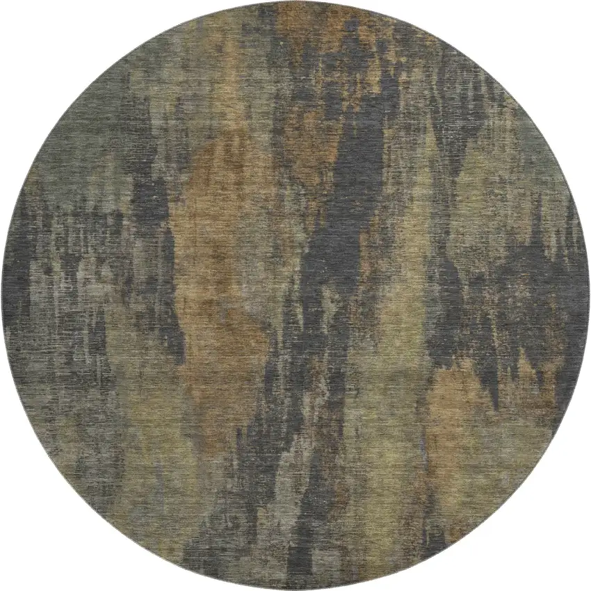 8' Charcoal Gold And Copper Abstract Washable Round Rug With UV Protection Photo 1