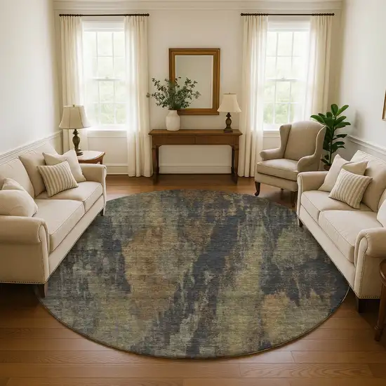 8' Charcoal Gold And Copper Abstract Washable Round Rug With UV Protection Photo 4
