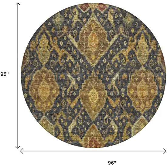 8' Charcoal Gold And Copper Round Ikat Washable Indoor Outdoor Area Rug Photo 3