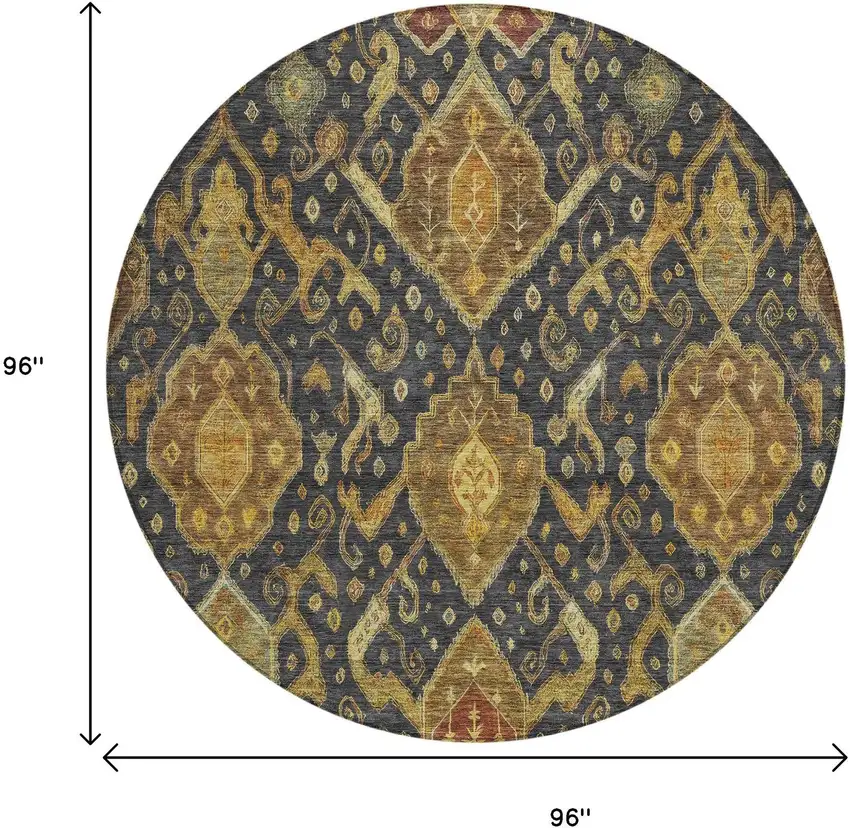 8' Charcoal Gold And Copper Round Ikat Washable Indoor Outdoor Area Rug Photo 3