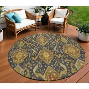 Photo of 8' Charcoal Gold And Copper Round Ikat Washable Indoor Outdoor Area Rug