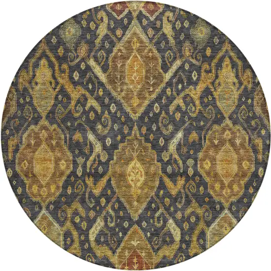 8' Charcoal Gold And Copper Round Ikat Washable Indoor Outdoor Area Rug Photo 2