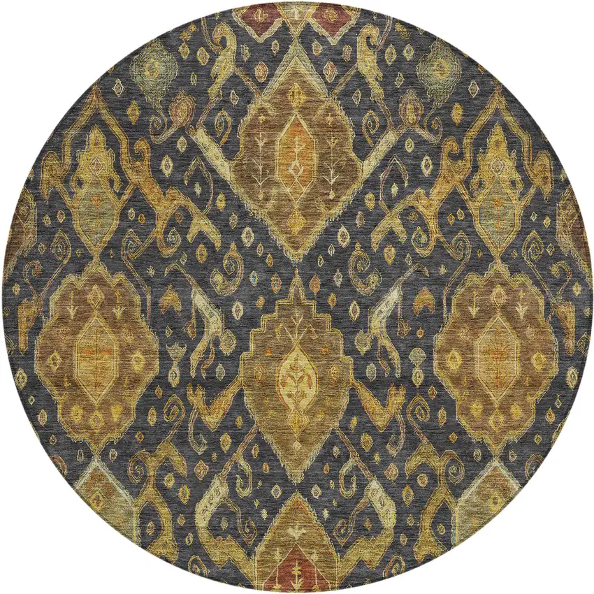 8' Charcoal Gold And Copper Round Ikat Washable Indoor Outdoor Area Rug Photo 2