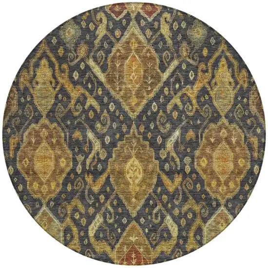 8' Charcoal Gold And Copper Round Ikat Washable Indoor Outdoor Area Rug Photo 4