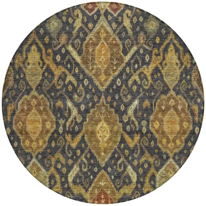 8' Charcoal Gold And Copper Round Ikat Washable Indoor Outdoor Area Rug Photo 4