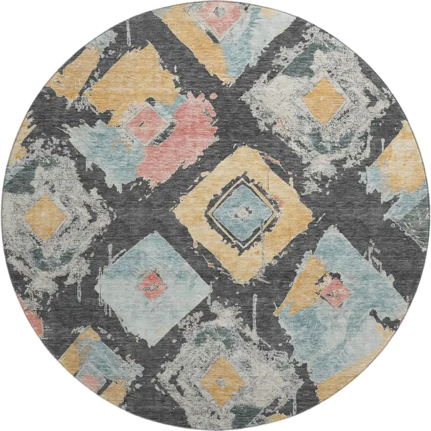 8' Charcoal Gold And Coral Abstract Geometric Washable Round Rug With UV Protection Photo 1