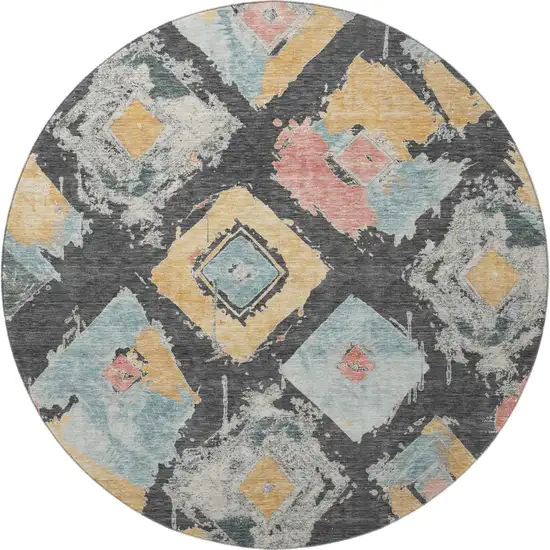 8' Charcoal Gold And Coral Abstract Geometric Washable Round Rug With UV Protection Photo 2
