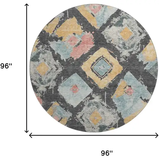 8' Charcoal Gold And Coral Abstract Geometric Washable Round Rug With UV Protection Photo 8