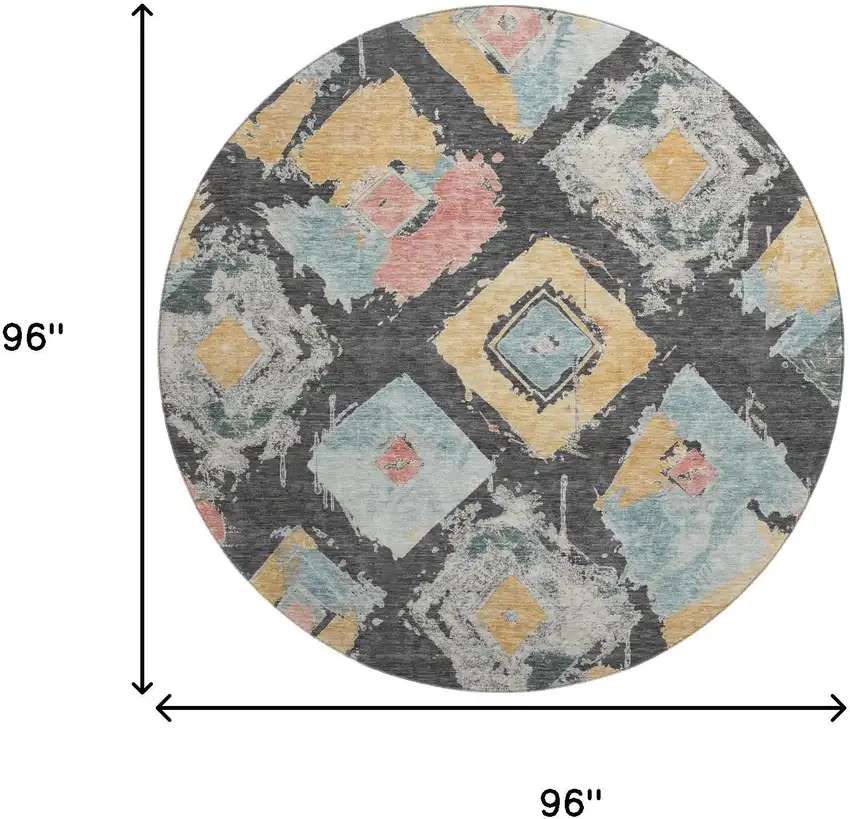 8' Charcoal Gold And Coral Abstract Geometric Washable Round Rug With UV Protection Photo 8