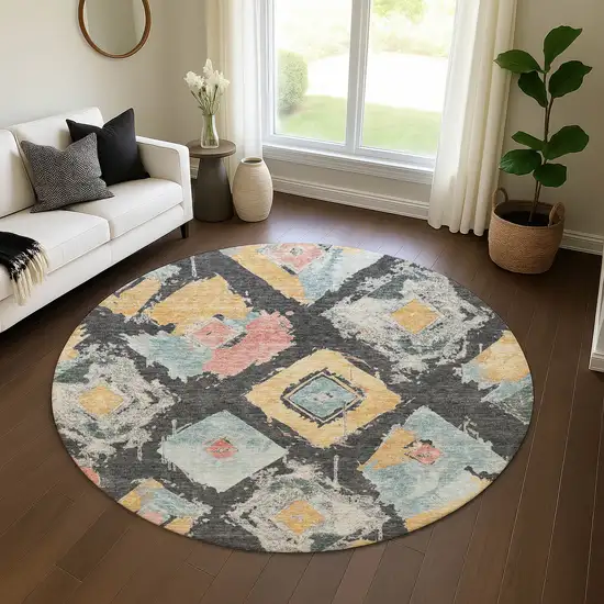 8' Charcoal Gold And Coral Abstract Geometric Washable Round Rug With UV Protection Photo 3