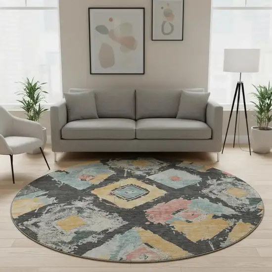 8' Charcoal Gold And Coral Abstract Geometric Washable Round Rug With UV Protection Photo 2