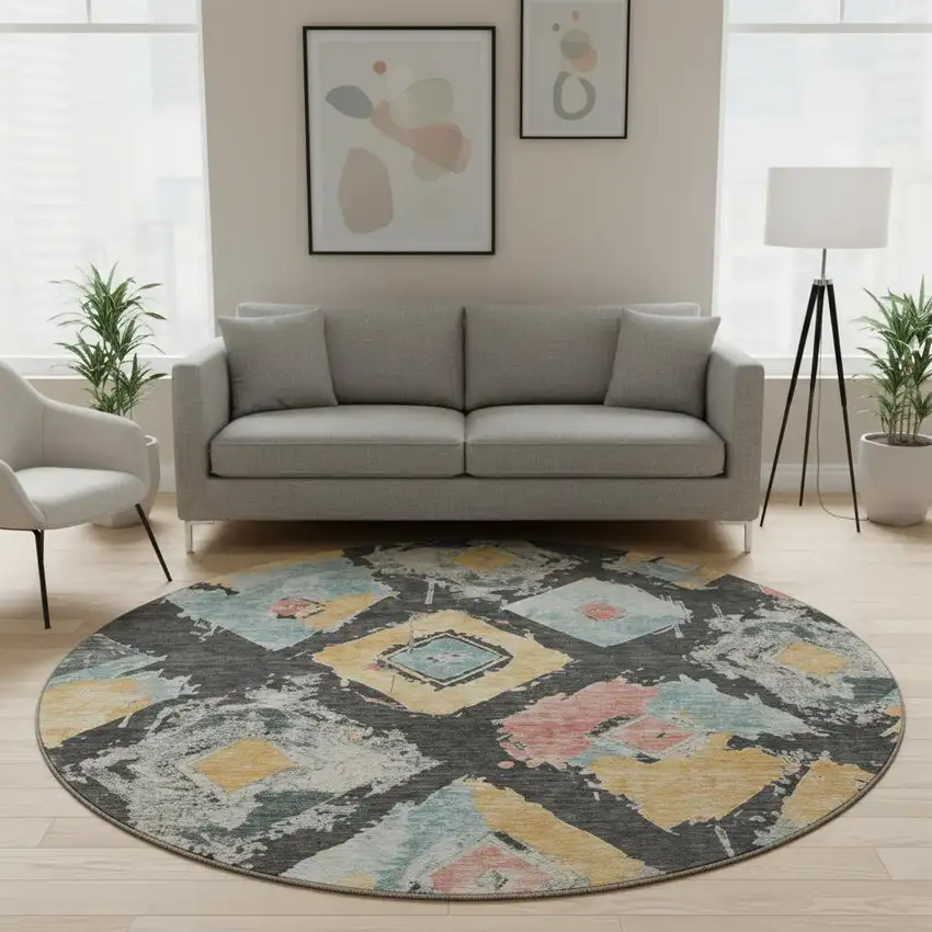 8' Charcoal Gold And Coral Abstract Geometric Washable Round Rug With UV Protection Photo 2