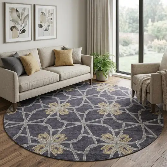 8' Charcoal Gold And Gray Geometric Washable Round Rug With UV Protection Photo 1