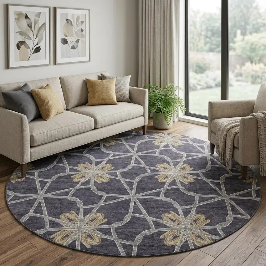 8' Charcoal Gold And Gray Geometric Washable Round Rug With UV Protection Photo 1