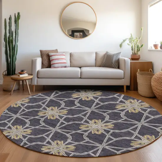 8' Charcoal Gold And Gray Geometric Washable Round Rug With UV Protection Photo 4