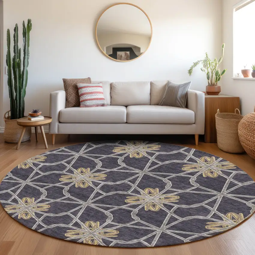 8' Charcoal Gold And Gray Geometric Washable Round Rug With UV Protection Photo 4