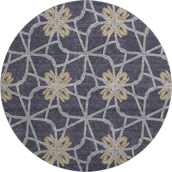 8' Charcoal Gold And Gray Geometric Washable Round Rug With UV Protection Photo 1