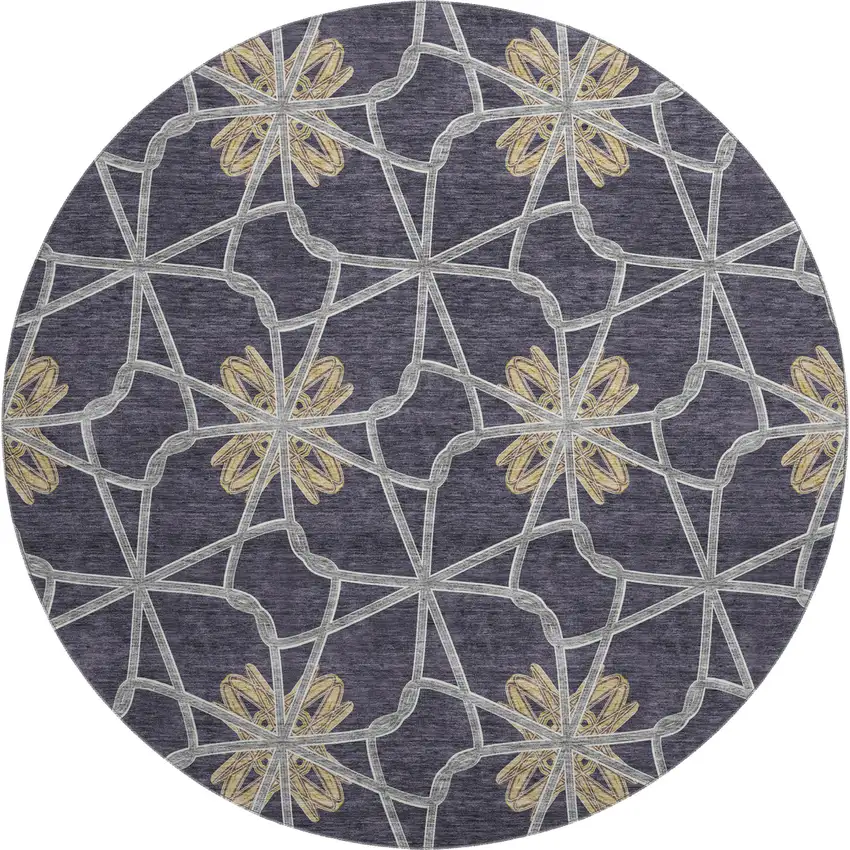 8' Charcoal Gold And Gray Geometric Washable Round Rug With UV Protection Photo 1