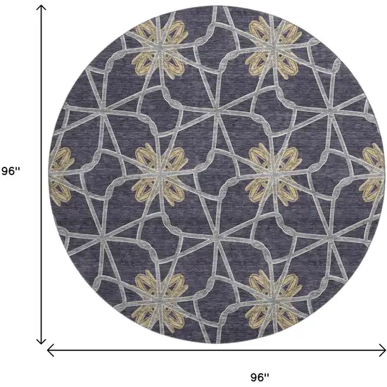 8' Charcoal Gold And Gray Geometric Washable Round Rug With UV Protection Photo 9