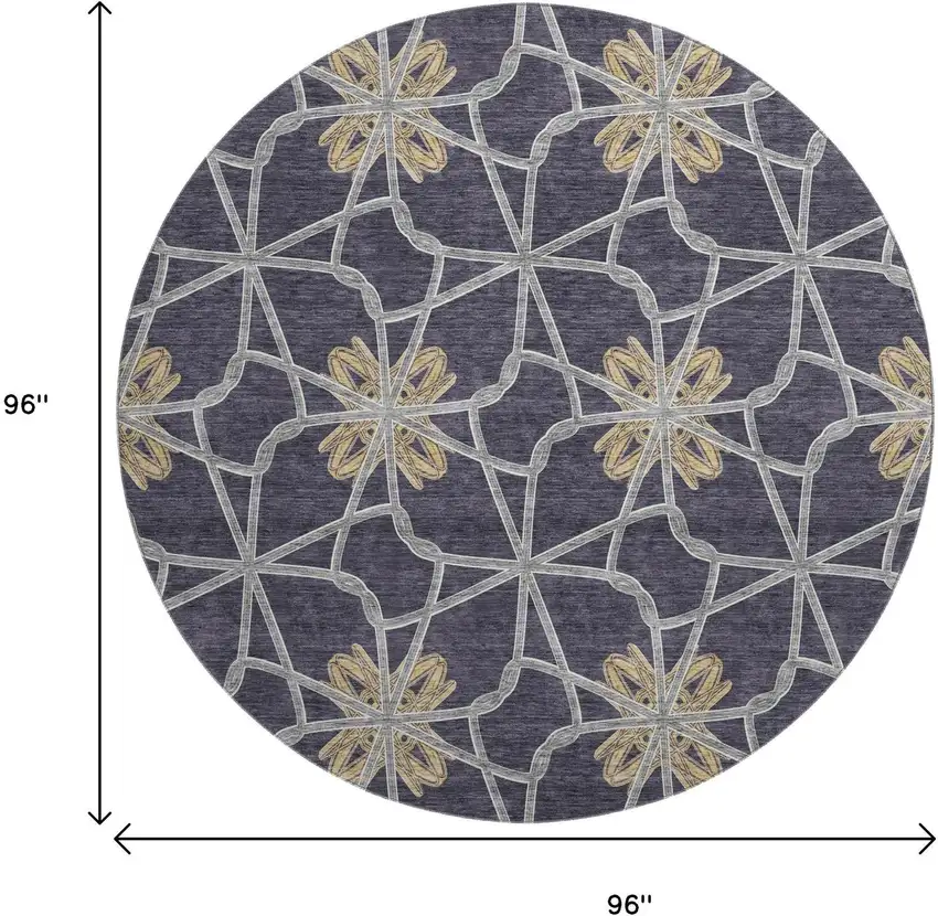 8' Charcoal Gold And Gray Geometric Washable Round Rug With UV Protection Photo 9