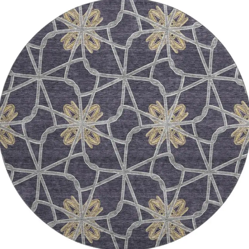 8' Charcoal Gold And Gray Geometric Washable Round Rug With UV Protection Photo 3