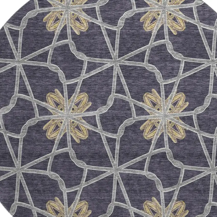 8' Charcoal Gold And Gray Geometric Washable Round Rug With UV Protection Photo 2