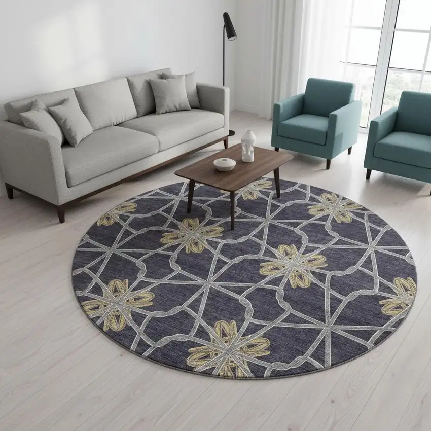 8' Charcoal Gold And Gray Geometric Washable Round Rug With UV Protection Photo 2