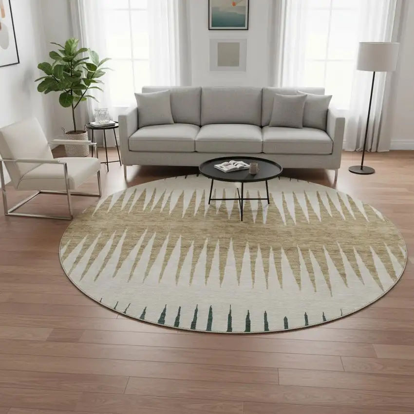 8' Charcoal Gold And Gray Striped Washable Round Rug With UV Protection Photo 2