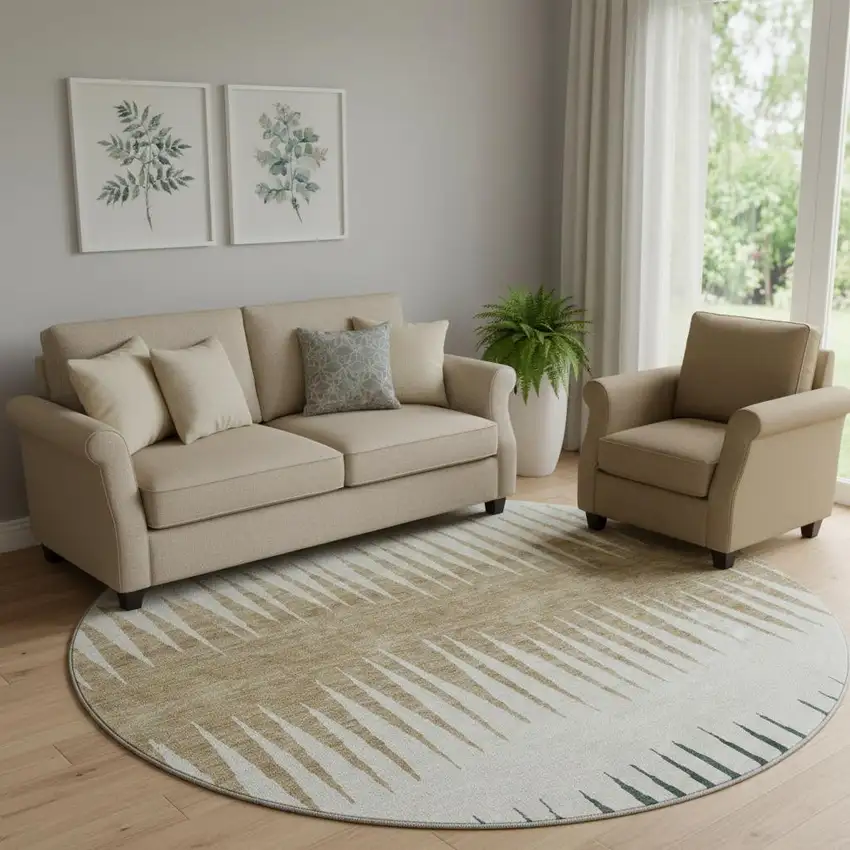 8' Charcoal Gold And Gray Striped Washable Round Rug With UV Protection Photo 1