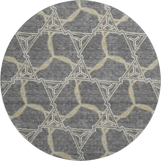 8' Charcoal Gold And Ivory Geometric Washable Round Rug With UV Protection Photo 1