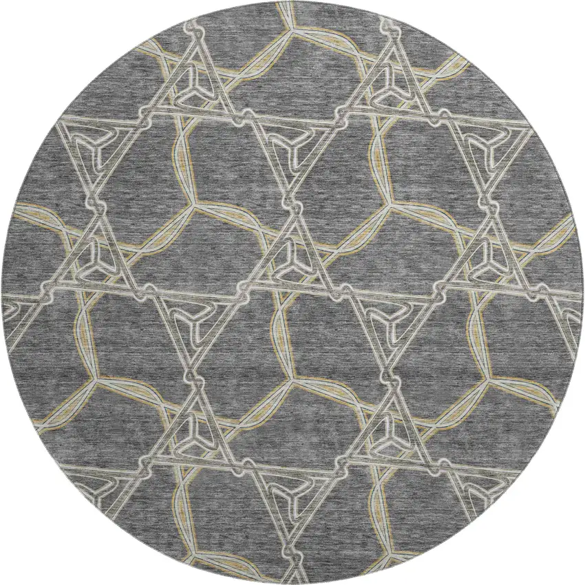 8' Charcoal Gold And Ivory Geometric Washable Round Rug With UV Protection Photo 1